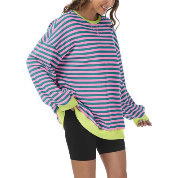 Women's‎ Striped Oversized Sweatshirt, Crewneck Long Sleeve Casual Pullover Y2K - Picture 3 of 7